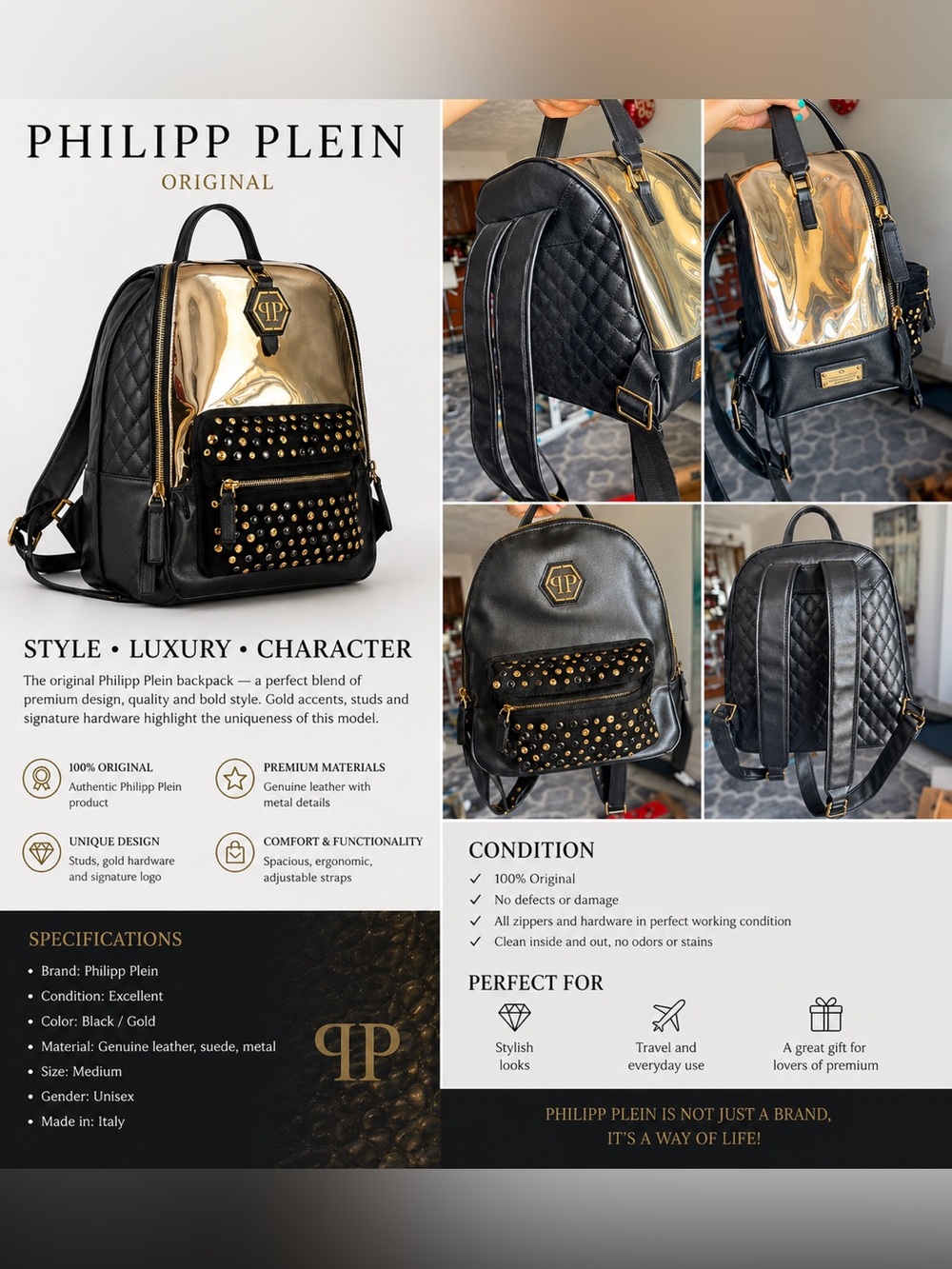 Philipp Plein Black & Gold Quilted Leather Backpack with Studded Front